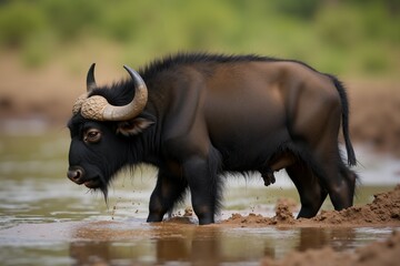 Obraz premium Wild buffalo Walking Through Mud in the Forest. Wild Life.