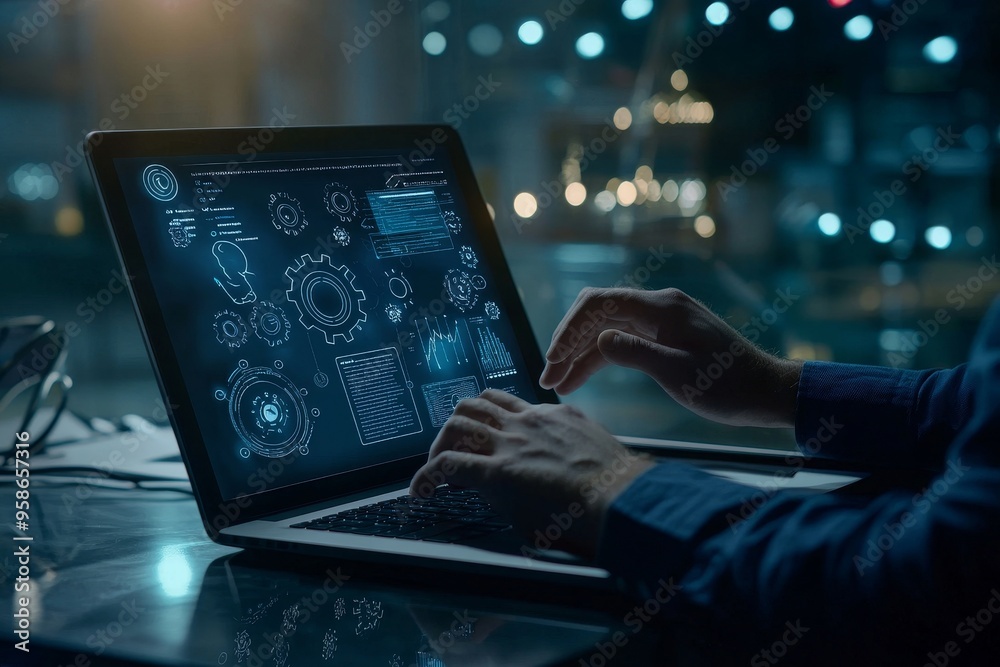 Aufkleber a businessman uses a laptop with business processes and workflows controlled by operations managemen