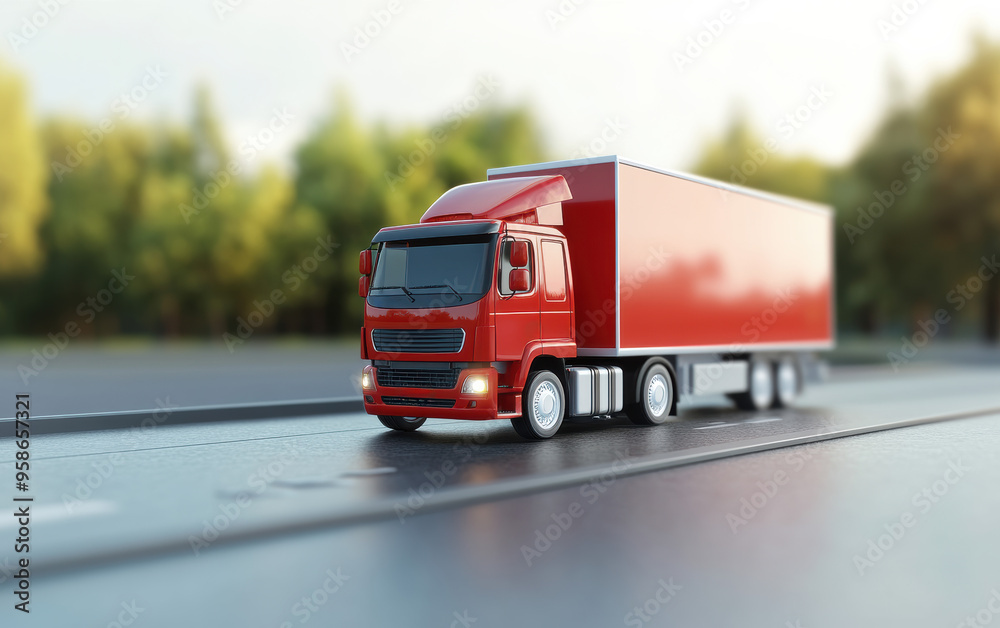 Wall mural red semi-truck driving on a highway in a scenic forest backdrop, representing logistics, transportat