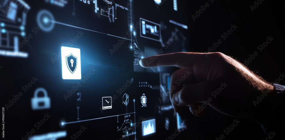 Aufkleber An automated access control system for access to personal data. Businessman using mobile smartphone with virtual access control icon.