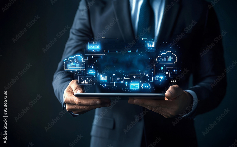 Poster Businessman showing SaaS icons for software services on cloud system. Internet and networking technology.
