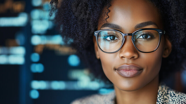 A close-up portrait of an African female tech student, her natural hair styled in a puff, looking confidently into the camera, with coding symbols reflected in her glasses, tech, e