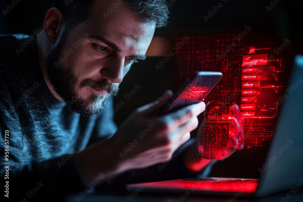 Poster Data breach and malware attack. Person with smartphone with virtual warning sign with ransomware word. Cyber threats warned.