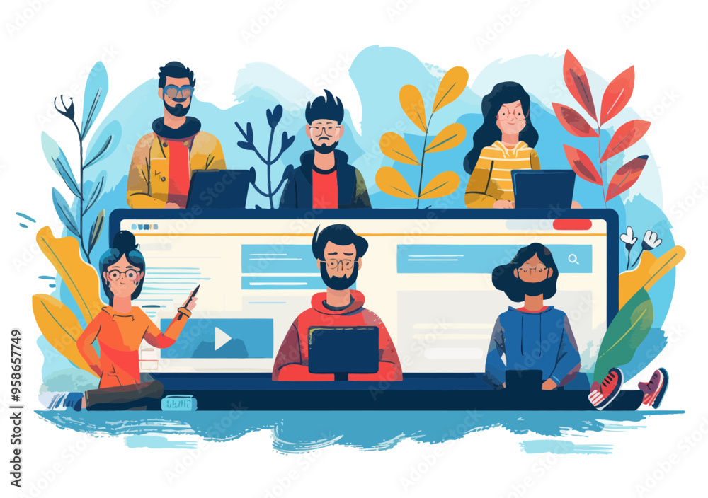 Poster diverse team of web developers collaborating on laptops in minimalistic vector art with nature eleme