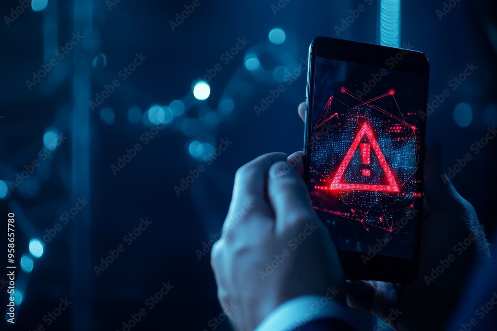 Poster Warning alert on system hacked. A person using a smartphone with a virtual warning screen for a cyber attack. Ransomware, Virus, Spyware, Malware or malicious software, Data breach, Cyber Security,