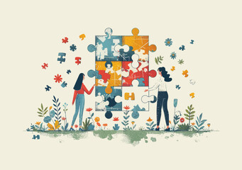 Team Collaboration and Problem Solving: People Assembling Puzzle Pieces in Garden Setting, Conceptual Illustration of Finding Solutions and Teamwork