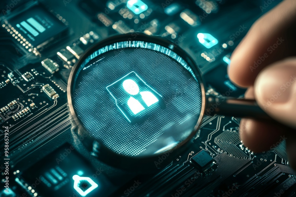 Poster A person uses a magnifying glass to check their identity to increase their financial security and gain access to personal financial data. A biometrics security system is used.