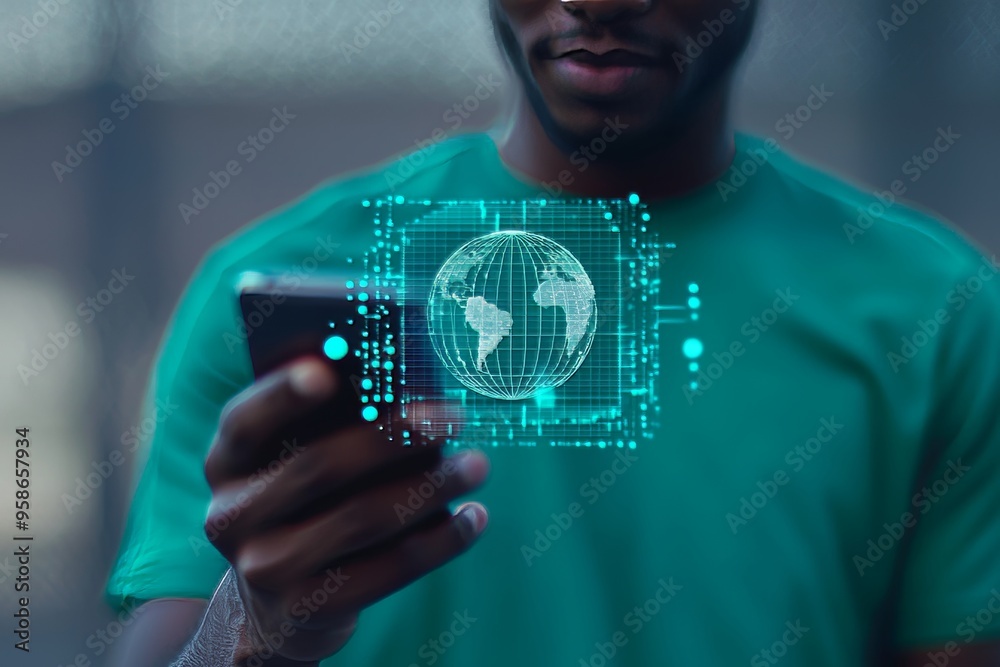Poster An individual uses their smartphone for secure internet access and data protection. Cybersecurity concept.