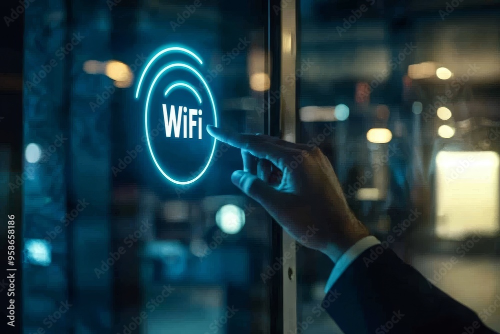 Poster communication social network concept. person touches wifi technology 7 icon on virtual screen and co