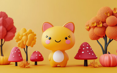 Obraz premium Cute cartoon cat in a colorful mushroom forest with vibrant autumn trees on a yellow background.
