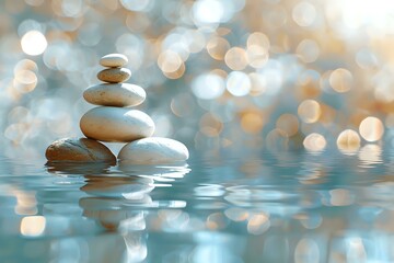 Obraz premium serene image of stacked stones on a reflective water surface, with warm light bokeh in the background, creating a sense of peace and balance. Perfect for wellness, mindfulness, and relaxation