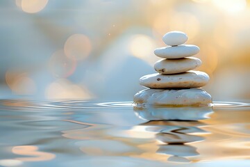 Obraz premium A peaceful image of light-colored stones carefully stacked on the water, creating a calming reflection. Ideal for wellness, mindfulness, and relaxation concepts.