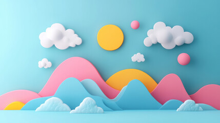 Colorful abstract landscape with vibrant geometric shapes, fluffy clouds, and a bright sun against a blue sky. Modern digital artwork