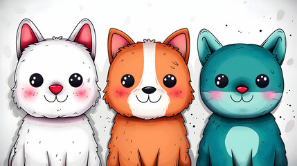 Cute Pet Doodle Vector Set. Cartoon Animals Charac