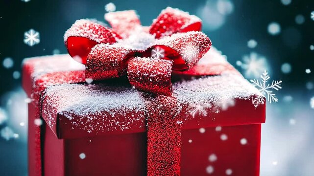 Heavy snow falling on glitter red gift boxes with elegant satin red bows and pine trees Surprise gifts for Christmas. Happy 2024 2025 New Year presents background 4k video