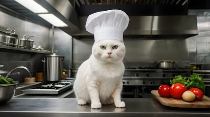 a cat wears a chef's hat in the kitchen, cat cooking , cat with a job