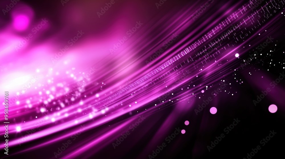 Leinwandbilder Abstract background with vibrant purple light rays and scattered bokeh lights, illustrating a glowing digital data stream against a black backdrop. This dynamic scene represents modern digital technol