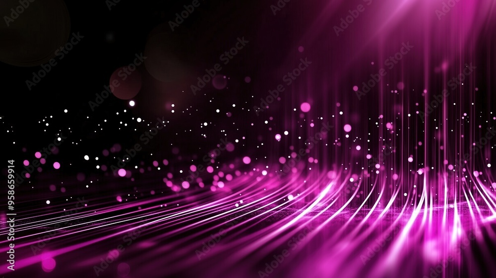 Aufkleber Abstract background with vibrant purple light rays and scattered bokeh lights, illustrating a glowing digital data stream against a black backdrop. This dynamic scene represents modern digital technol