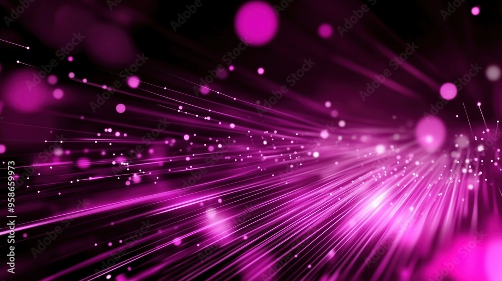 Poster Abstract background with vibrant purple light rays and scattered bokeh lights, illustrating a glowing digital data stream against a black backdrop. This dynamic scene represents modern digital technol