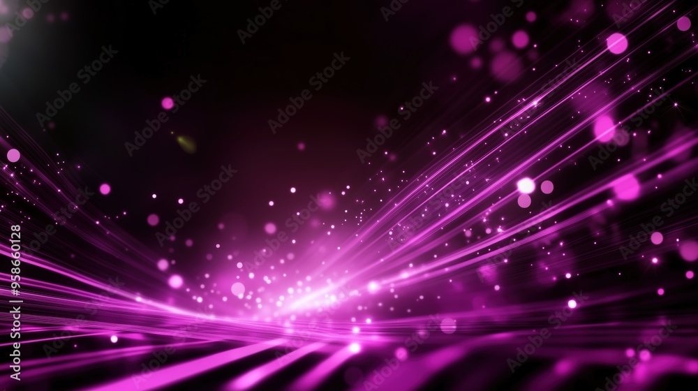 Poster Abstract background with vibrant purple light rays and scattered bokeh lights, illustrating a glowing digital data stream against a black backdrop. This dynamic scene represents modern digital technol