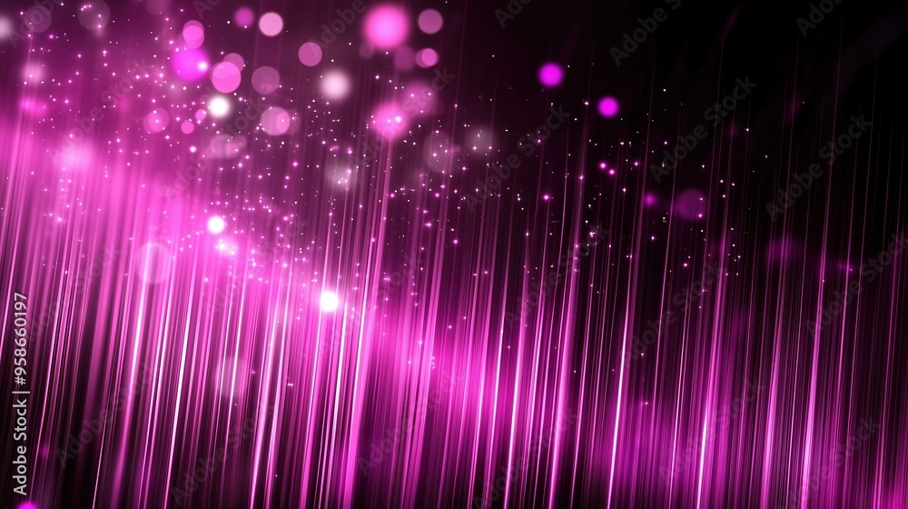Poster Abstract background with vibrant purple light rays and scattered bokeh lights, illustrating a glowing digital data stream against a black backdrop. This dynamic scene represents modern digital technol
