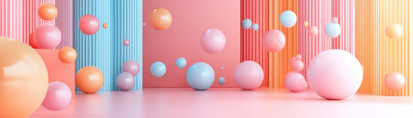 Vibrant abstract background with floating pastel-colored spheres against a striped backdrop. Minimalistic design for modern creative concepts.