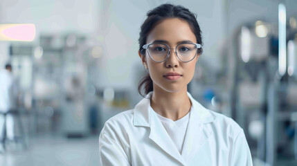 Obraz premium A young female scientist in a laboratory setting, wearing glasses and a white lab coat, stands confidently, ready to conduct experiments.