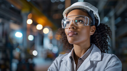 A female engineer in a white coat and safety goggles looks upward in a brightly lit factory environment, reflecting focus and professionalism.