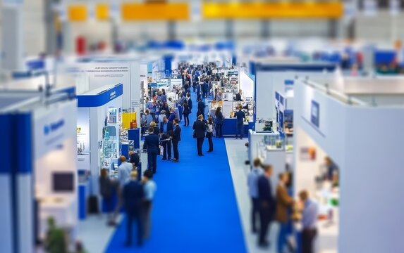 Aerial view of crowded trade show floor with numerous blue-themed booths and attendees walking through wide aisles, showcasing a bustling business exhibition environment