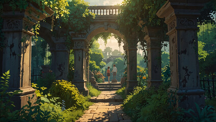 Fototapeta premium Secret Garden with Overgrown Vines and Statues