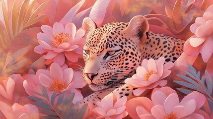 Fototapeta premium leopard surrounded by vibrant flowers in a dreamy, surreal setting. colorful wildlife and nature scene