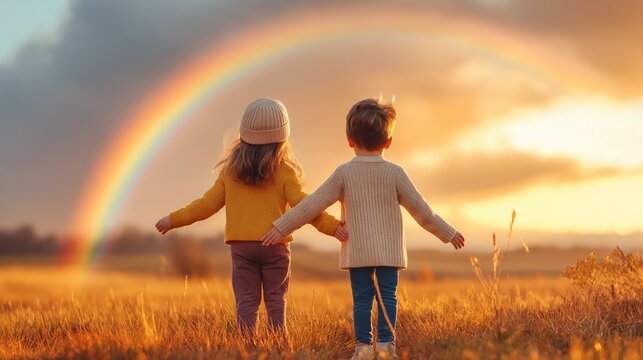 Two children holding hands under a rainbow in a scenic field at sunset. Serene and joyful moment.