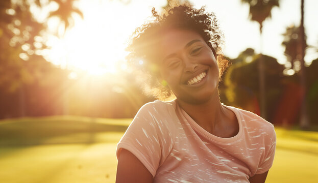 portrait of a mixed race black woman with good teeth smiling at camera during golden hour outdoors on golf course field. Tilted head happy laughing expression wearing pink sitting in wheelchair summer