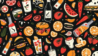 Fototapeta premium Enticing Colored Seamless Pattern of Diverse Food Drink Motifs