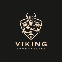 Vikings logo design. Nordic warrior symbol. Horned Norseman emblem. Barbarian man head icon with horn helmet and beard	