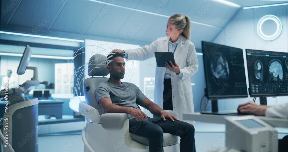Poster futuristic laboratory: doctors use advanced brain scanning technology to diagnose and treat neural d