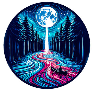 recommend clip art: The scene features the moonbeam illuminating not just the canoeist but also causing the water to glow in vivid minimalist vector art illustration images on a white background.
                    