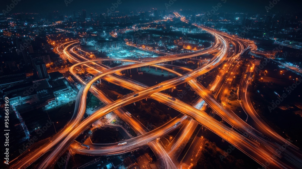 Wall mural aerial view of city highway intersection at night