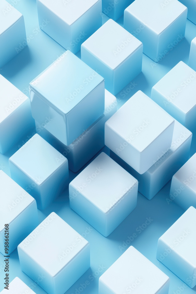 Poster abstract background of glossy blue cubes in varying heights, creating a modern and dynamic pattern, 