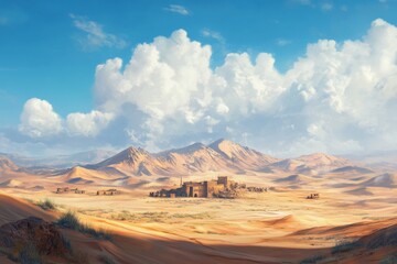 Fototapeta premium A stunning desert landscape with rolling sand dunes and distant mountains. Explore this tranquil scene filled with soft, fluffy clouds. Perfect for nature lovers. Generative AI