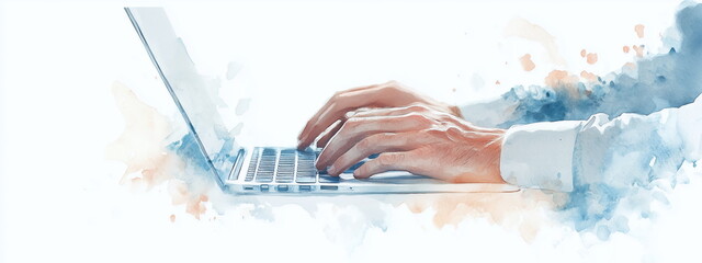 Closeup watercolor illustration hands using laptop computer and internet, typ on keyboard, search information, browsing. Freelancer copywriter working project, typing text, edit. Remote job concept © NN AI