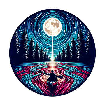 recommend clip art: The scene features the moonbeam illuminating not just the canoeist but also causing the water to glow in vivid minimalist vector art illustration images on a white background.
                    