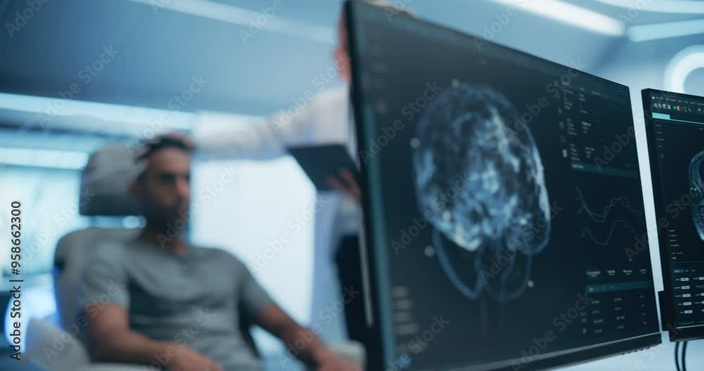 Poster Doctors in a Futuristic Lab Use Advanced Technology to Scan a Patient's Brain, Analyzing Data on High-tech Monitors. Patient, Connected to a High-Tech Device. Pan Shot from Monitor to Patient
