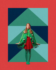 Girl in costume of Christmas tree, adorned in festive ornaments. Festival, party. Contemporary art collage in retro style. Concept of Merry Christmas, winter holidays. Poster, postcard template