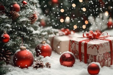 Christmas ornaments, pine cones, and presents covered in snow