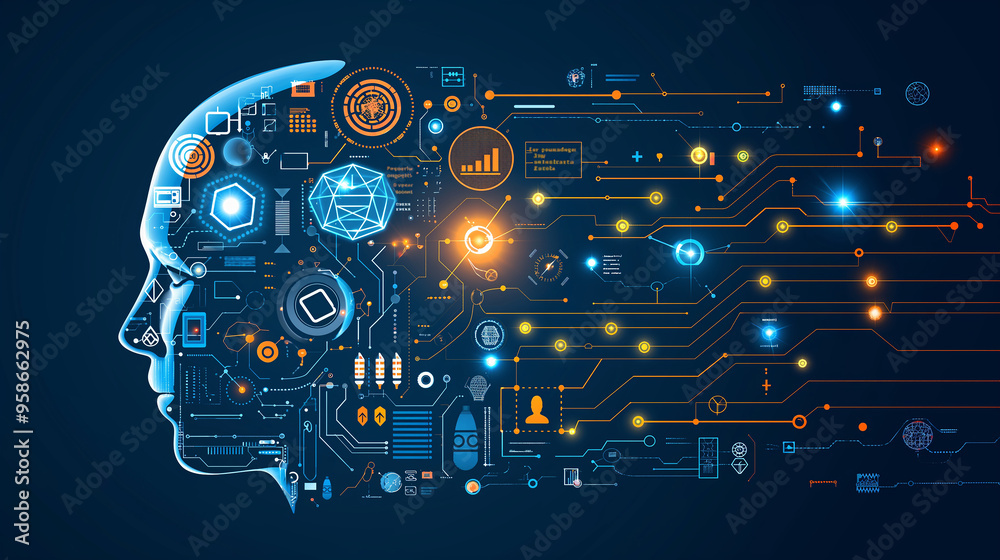 Poster the concept of llm, ai large language model with icons concept. ai deep learning to use for work sup