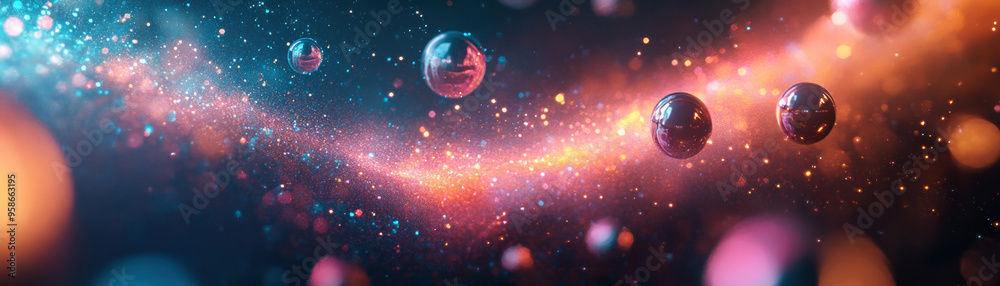 Poster mesmerizing abstract background of floating spheres with vibrant colorful particles and a cosmic the