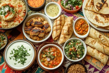 A vibrant spread of various dishes, showcasing a colorful array of food items.