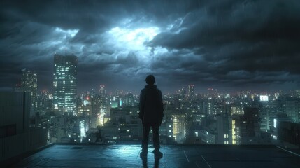 Fototapeta premium Beneath turbulent skies, a solitary character stands on a rooftop, surveying the illuminated city below while foreboding clouds gather