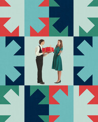 Young man presenting large gift, surprising woman with festive cheer. Contemporary art collage in retro style. Concept of Merry Christmas, winter holidays. Poster, postcard template